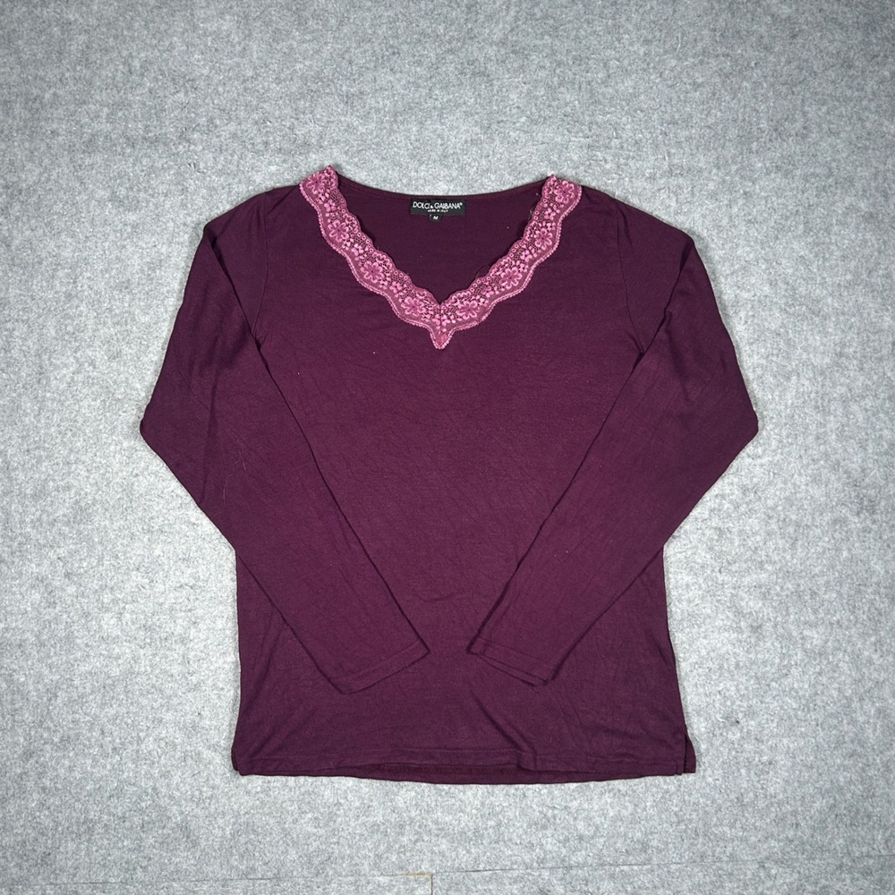 Dolce & Gabbana Top Women Medium Purple Lace Trim V Neck Long Sleeve Designer